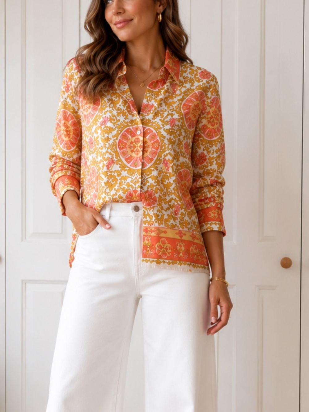 Lucky Brand Yellow/Orange Boho Print
Casual Cotton Button Down Shirt - Medium